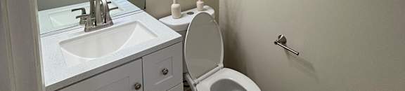 A bathroom with a toilet, sink, and mirror.